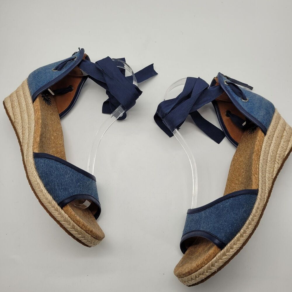 UGG Amell Womens Size 9 Blue Canvas Jute wrapped Ribbon Ankle tie Sandals Shoes - Picture 3 of 8